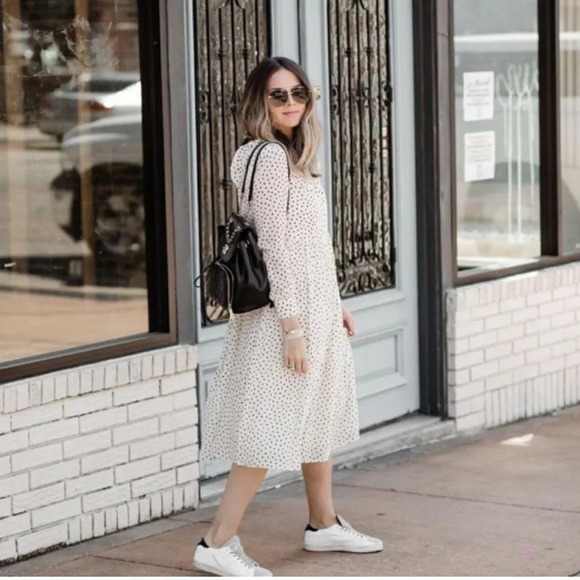 Madewell Smocked Ruffle-Shoulder Midi Dress in Inkbrush Dots - Picture 1 of 9